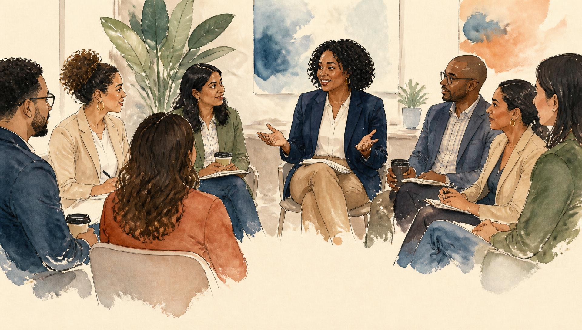 Watercolor illustration of school leaders seated together in conversation
